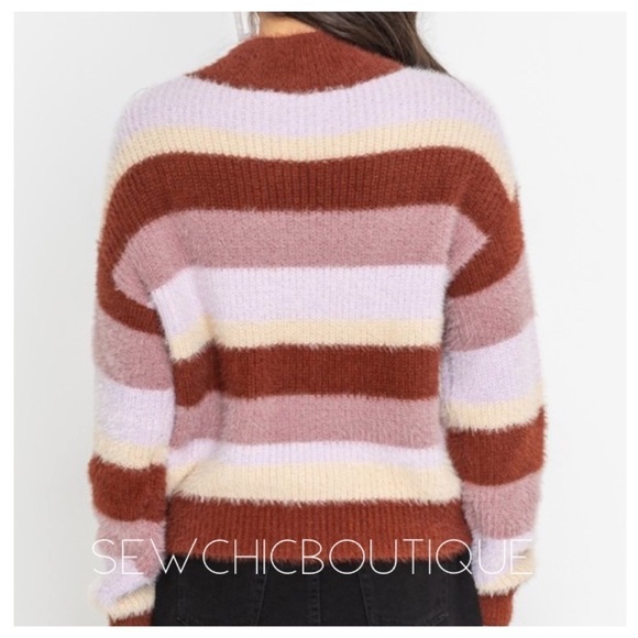Mock Neck Fuzzy Striped Knit Sweater - Picture 3 of 8